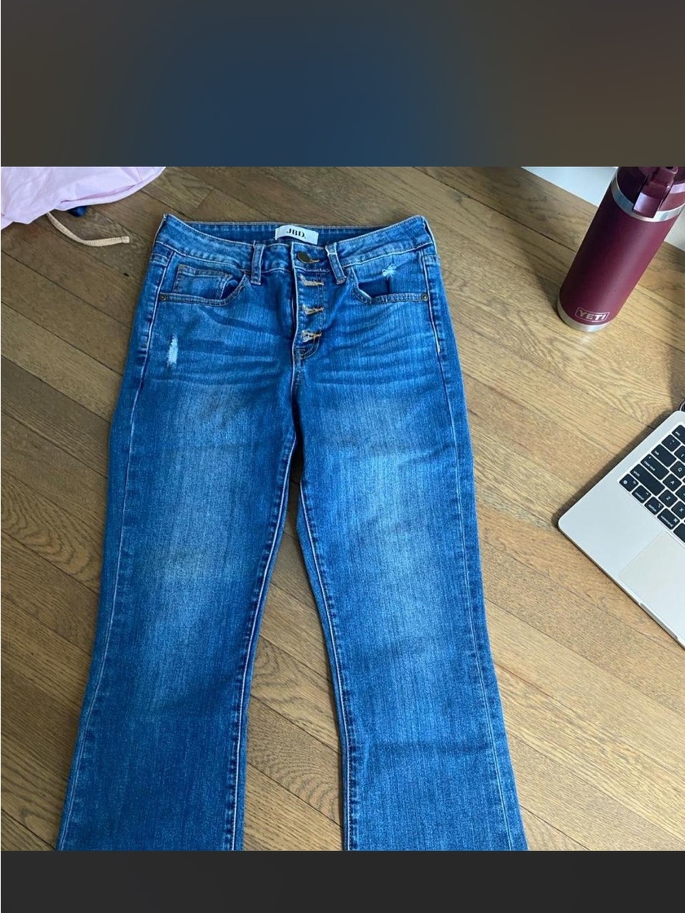 Just Black Mid Blue Flare Jeans with Button-Fly